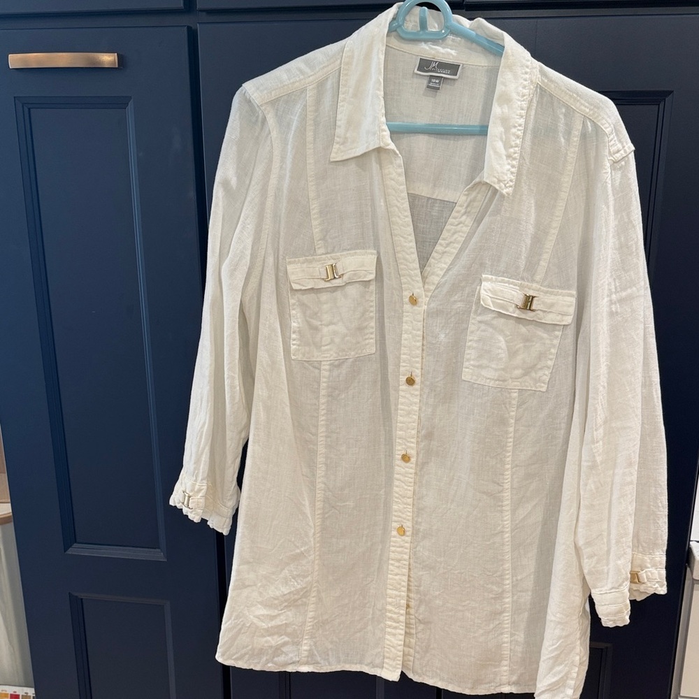 White Button-Up Shirt with Gold Accents